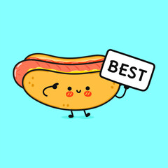 Cute Hot dog with poster best. Vector hand drawn cartoon kawaii character illustration icon. Isolated on blue background. Hot dog think concept