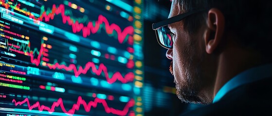 Close-up of a professional analyzing stock market data on multiple screens displaying various financial graphs and charts.