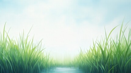 Fototapeta premium A serene landscape with lush grass and a tranquil water body under a soft blue sky, perfect for nature-themed projects.