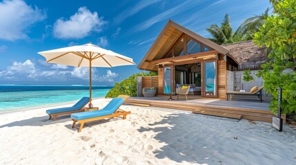 Obraz premium Cozy bungalow by the beach with sun loungers and umbrella