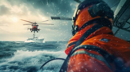A man in an orange life jacket is looking out over the ocean
