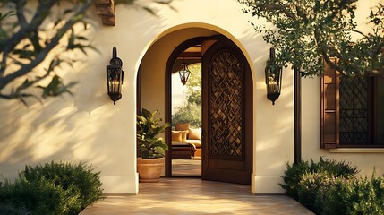 Fototapeta premium Arched Entryway to a Modern Home with a Patio View