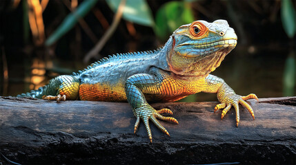 Obraz premium Caiman Lizard basking on a fallen log by Pantanal river, vibrant reptile in sunlight 