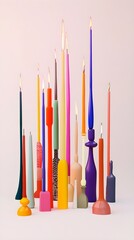 A creative composition of candlesticks in various sizes and colors, symbolizing different trading strategies against a light solid color background