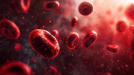 Detailed macro shot of healthy blood cells in a fluid background, vibrant red tones
