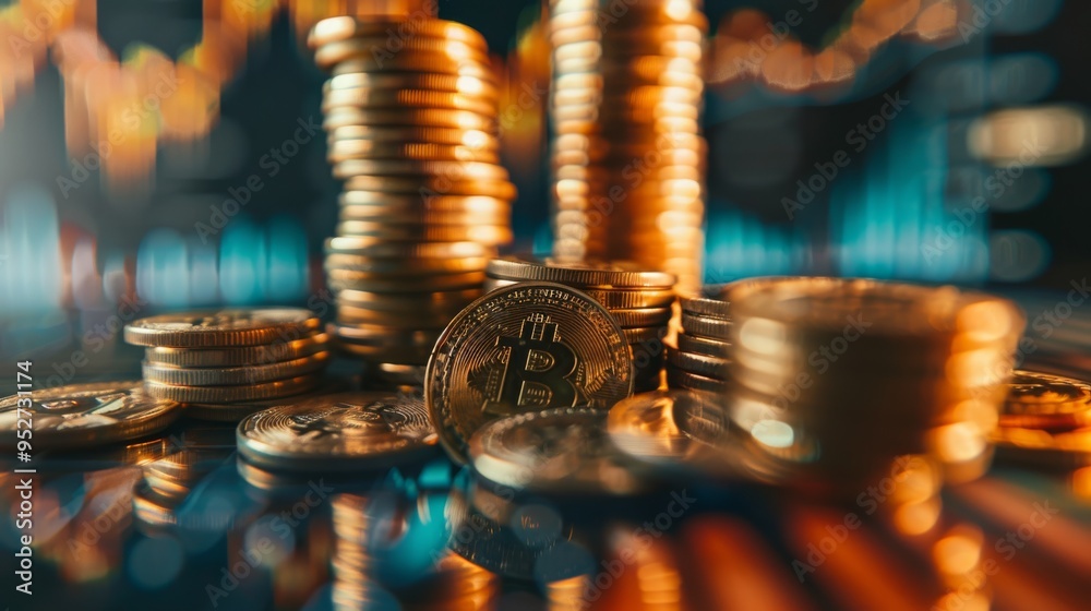 Poster Double exposure of coins with graph and stock display finance and banking concept