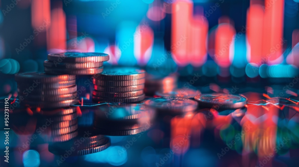 Aufkleber Double exposure of coins with graph and stock display finance and banking concept