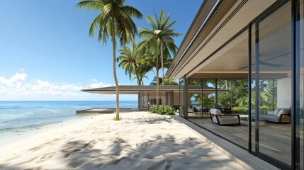 Fototapeta premium Elegant beachfront bungalow with large windows and oceanfront patio
