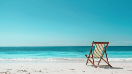 Empty beach chair facing ocean under clear blue sky
