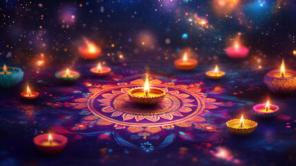 Festival of Lights  Happy Diwali festival with oil lamp, Rangoli decoration with Diya, Diwali holiday Background vibrant purple background