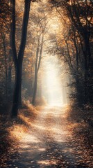 Fototapeta premium A path through an autumn forest with sunlight breaking through the trees.