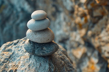 An overhead shot of a beautifully stacked tower of four stones on a cliff.