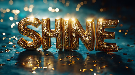SHINE word text with golden body and shiny background.