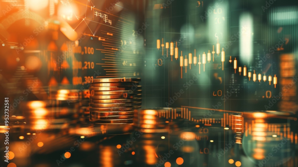 Poster Finance and banking concept with graph and stock display double exposure on coins