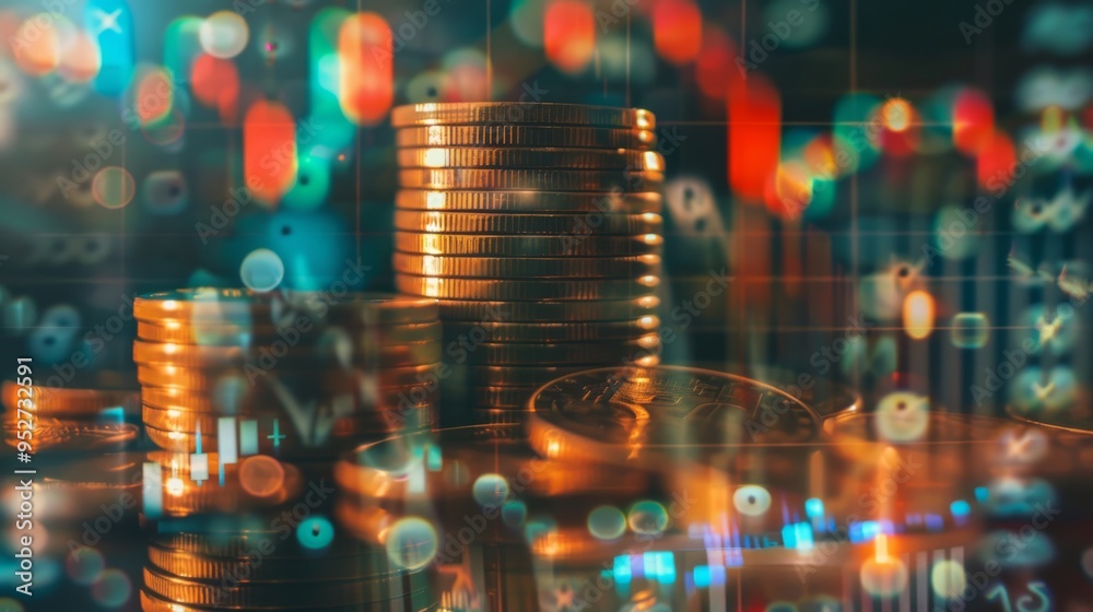 Poster Finance concept with graph overlaying stock display and coins double exposure