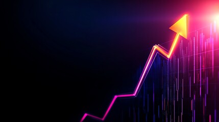 Rising trend graph with a glowing arrow on a dark background, symbolizing growth and financial success in a vibrant futuristic style.