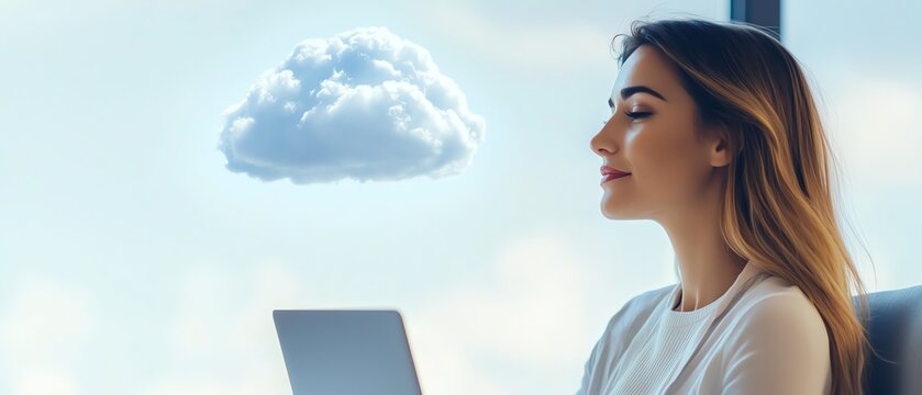 Woman sits at desk with laptop, visualizing cloud computing concept. Sunny day with background cloud. Represents digital transformation. - Powered by Adobe