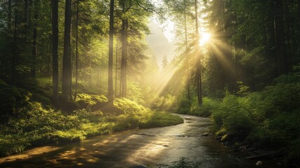 Obraz premium spring forest nature landscape, beautiful spring stream, river rocks in mountain forest