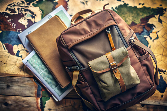 A backpack with a map on top of it. The backpack is brown and has a brown strap. There are several books on the table, including a book with a map on it