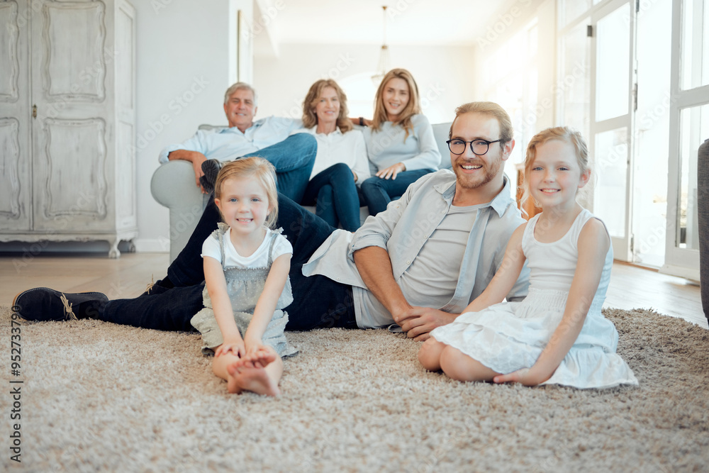 Wall mural Generations, family and happy in living room at home for care, bonding and support in England. People, house and smile or laugh on portrait at lounge on break for unity, relax and trust with love