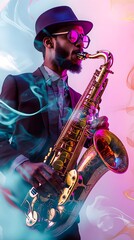 Fototapeta premium A saxophonist immersed in a solo performance against a soft light solid color backdrop, exuding emotion and creativity