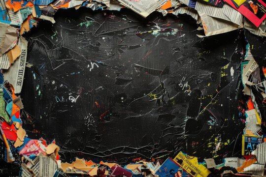 Torn Newspaper Collage Background with Dark Artistic Center for Creative Design and Display