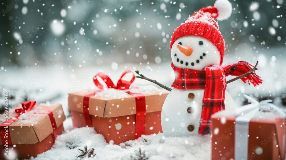 Poster gift boxes in snow with a snowman in the background