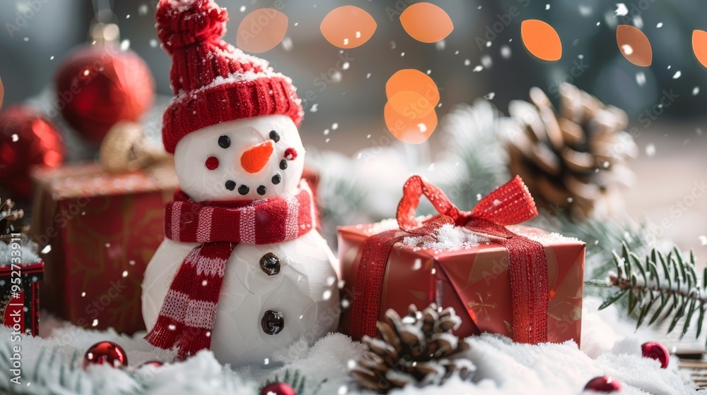 Poster gift boxes in snow with a snowman in the background