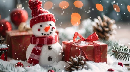 Fototapeta premium Gift boxes in snow with a snowman in the background