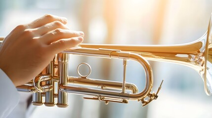Obraz premium A close-up of a trumpeter's hands expertly maneuvering the valves of a trumpet, set against a soft, light backdrop