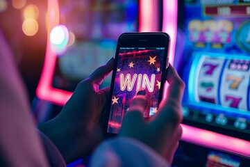 A woman's hand holds a phone playing in an online casino on the phone, the inscription on the screen "win", gambling