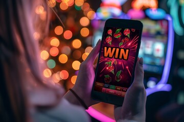 A woman's hand holds a phone playing in an online casino on the phone, the inscription on the screen "win", gambling
