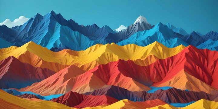 A vibrant abstract landscape featuring geometric shapes in layered colors of blue, yellow, red, and brown, resembling stylized mountains and sky.

