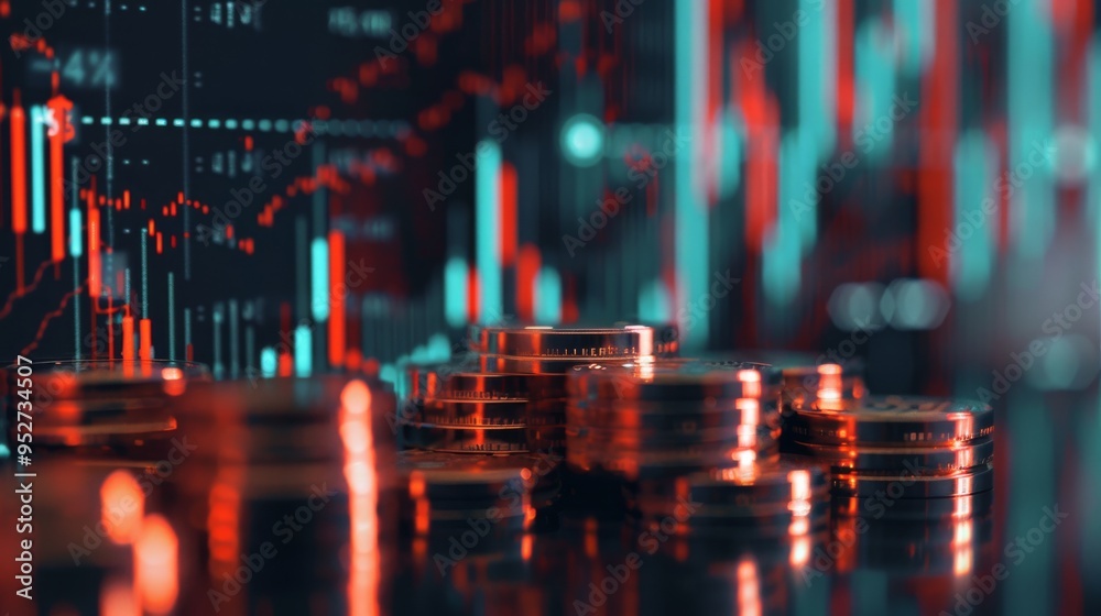 Aufkleber graph superimposed on stock display and coins for finance and banking