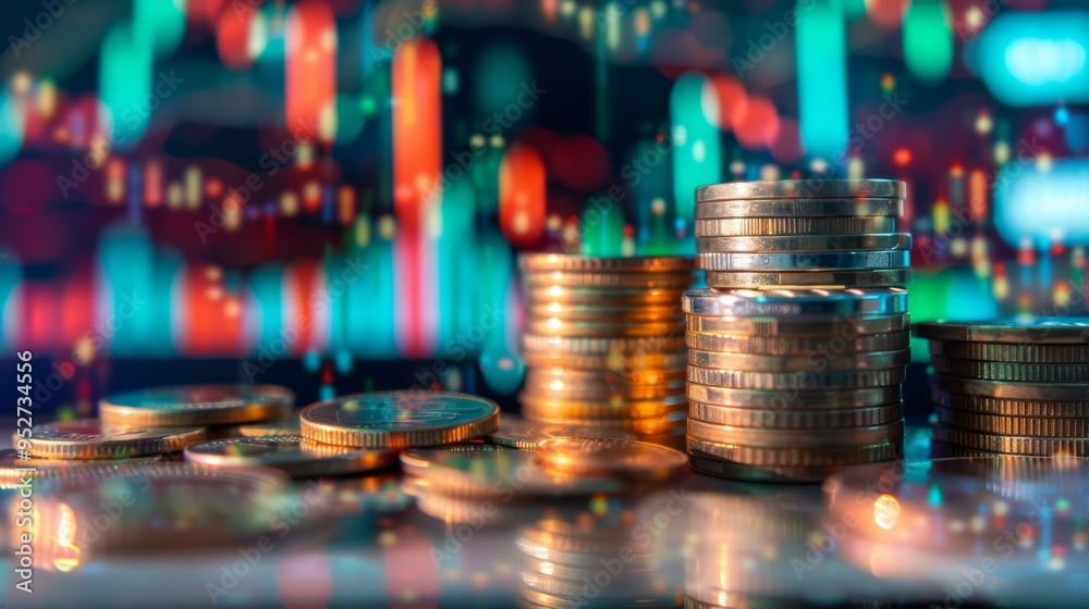 Aufkleber Graph and stock display superimposed on rows of coins for banking concept