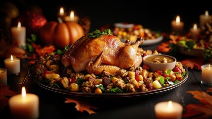 A Thanksgiving feast with a roast chicken