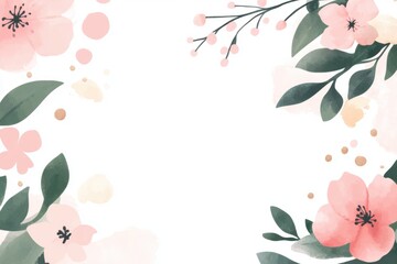 Obraz premium Pastel floral frame with delicate pink blossoms green leaves