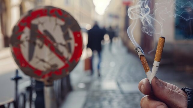 Hand holding a no smoking sign with a discarded cigarette