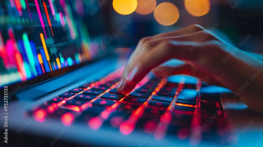 Poster Hands typing on a laptop with big data graphs,