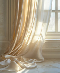 luxurious silk drapery cascading over a grand window, soft pastel hues