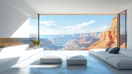 Fototapeta premium A wide white room with extravagant modern decor and a gigantic window with a view of Arizona grand canyon's narrow path's beautiful closeup.