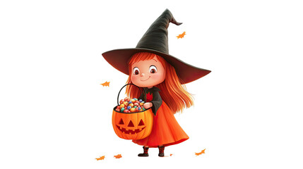 Enchanting Little Witch Holding Pumpkin Basket Full of Candy on Isolated White Background
