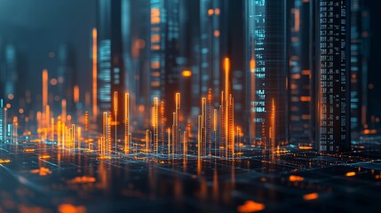 Obraz premium Digital Financial Growth Trends Integrated Investment Strategies and Stock Market Elements Glowing bar chart in financial form on high rise building data background.