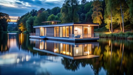 Fototapeta premium Modern houseboat illuminated on a tranquil lake surrounded by nature, houseboat, modern, illuminated, serene, natural