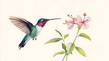 Fototapeta premium A vibrant hummingbird hovering near a delicate flower, showcasing its iridescent feathers against a light solid color background