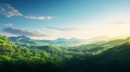 A serene landscape featuring lush green forests and distant mountains under a clear blue sky