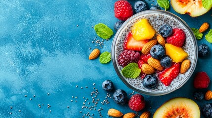 Chia Pudding with Fresh Fruits and Nuts, Healthy Dessert