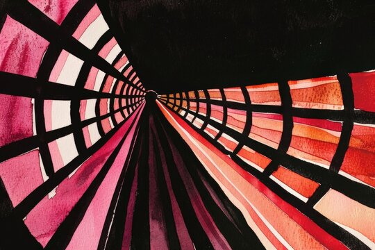 A vibrant, abstract tunnel design with red and pink hues, merging art and depth for dynamic visual effect.