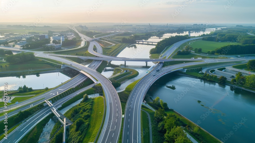 Aufkleber highway interchange with a river running nearby and bridges connecting different lanes
