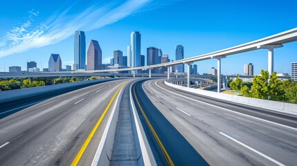 Fototapeta premium Highway interchange with a city skyline in the distance and clear blue skies